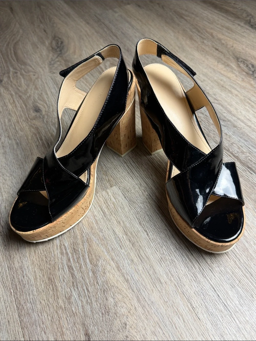 Calvin Klein Black Patent Cork Platform Block Heel Sandals Size 10B